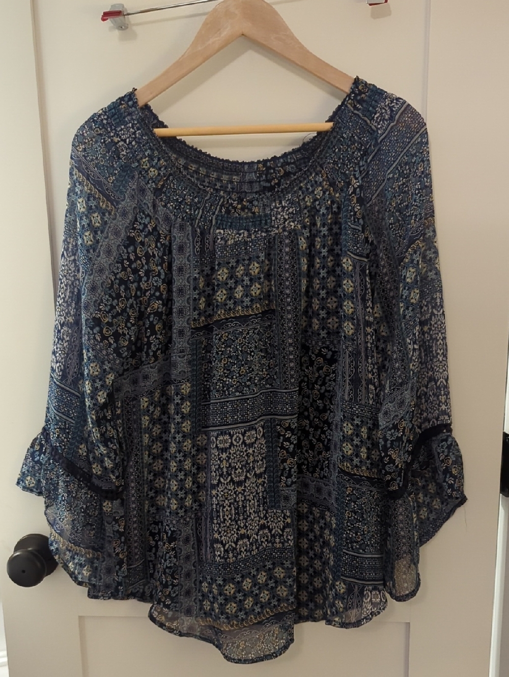 Westport Navy and Cream Patchwork Boho Blouse